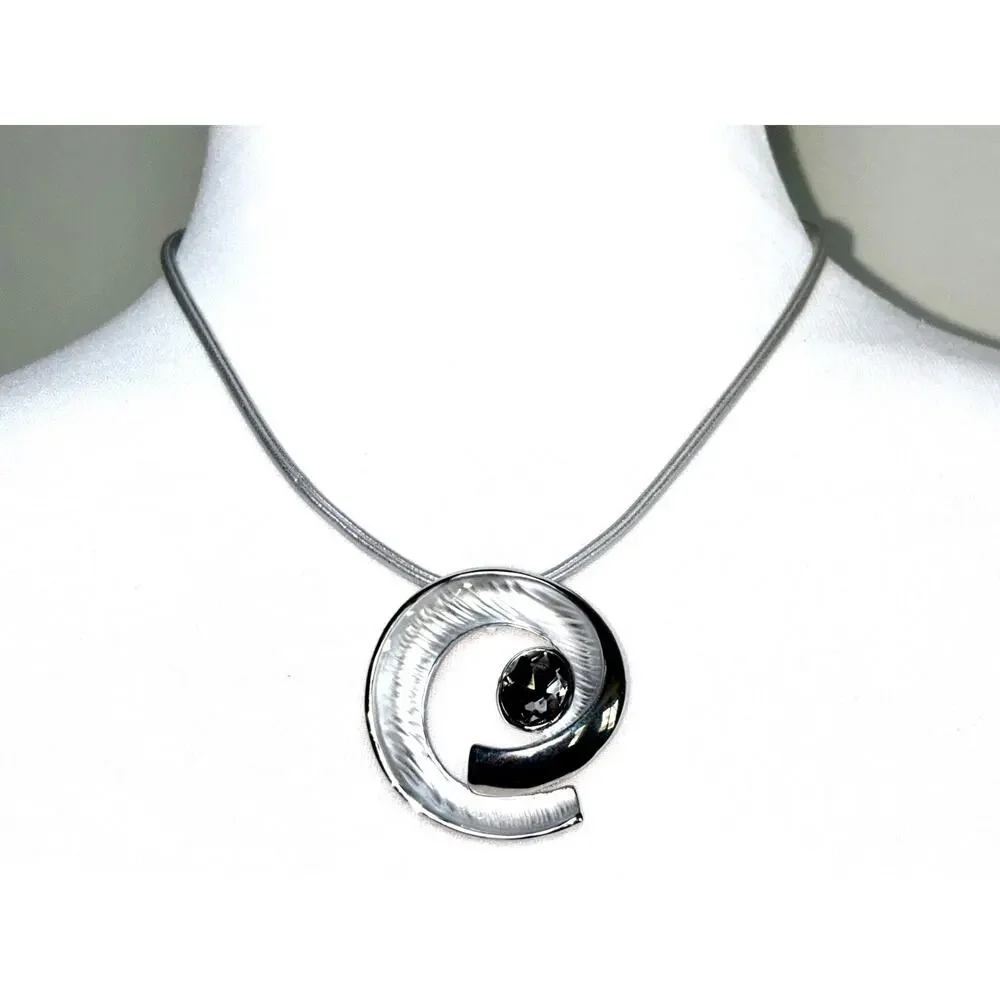 Silver Tone Textured Spiral Pendant Smoky Crystal Statement Necklace EUC